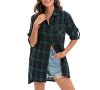 ciciglow New Chic Plaid Tartan Shirt Button Closure Baggy Blouse Tee Shirt for Women Long Sleeve Comfortable Casual Style Dark Blue XL (XXL)