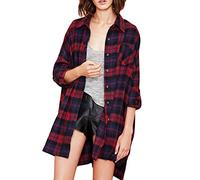 ciciglow New Chic Plaid Tartan Shirt Button Closure Baggy Blouse Tee Shirt for Women Long Sleeve Comfortable Casual Style Dark Blue XL (M)