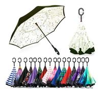 CICILIAYA Double Layer Folding Inverted Umbrella, Self Stand Upside-down Rain Protection Car Reverse Umbrellas with C-shaped Handle Big Straight Umbrella (Beige 1)