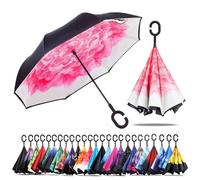 CICILIAYA Double Layer Folding Inverted Umbrella, Self Stand Upside-down Rain Protection Car Reverse Umbrellas with C-shaped Handle Big Straight Umbrella (Pink 1)