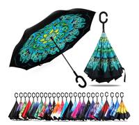 CICILIAYA Double Layer Folding Inverted Umbrella, Self Stand Upside-down Rain Protection Car Reverse Umbrellas with C-shaped Handle Big Straight Umbrella (Green 2)