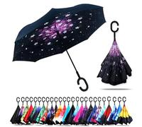 CICILIAYA Double Layer Folding Inverted Umbrella, Self Stand Upside-down Rain Protection Car Reverse Umbrellas with C-shaped Handle Big Straight Umbrella (Pink 4)