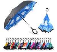 CICILIAYA Double Layer Folding Inverted Umbrella, Self Stand Upside-down Rain Protection Car Reverse Umbrellas with C-shaped Handle Big Straight Umbrella (Blue 3)