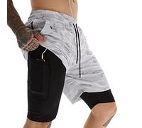 Cicilin Men's 2-in-1 Running Shorts Quick Dry with Inner Compression Breathable Active Workout Gym Shorts Double Layer Joggers Training Shorts for Exercise White Camouflage Size L/Asian 2XL