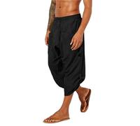 Cicilin Men's Cotton Linen Pants Drawstring Loose Fit Casual Boho Yoga Trouser Beach Trousers with Pocket Black Size UK M/Asian XL