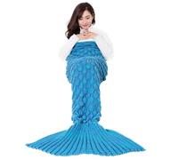 Cicilin Mermaid Tail Blanket for Kids Teens Adults, Handmade Knitted Crochet Gorgeous & Cosy Blanket, Sleeping Bag, Warmer Wearable-Blankets (Lake Blue 145 * 70cm,450g)