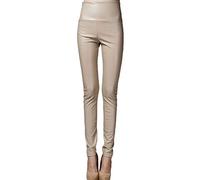 Cicilin Women's Faux Leather Leggings Sexy Full Length Push Up Stretchy High Waist Shiny Wet Liquid Look Dance Disco Pants Beige XL