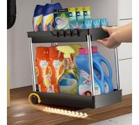 Cicilyna Under Sink Storage Kitchen Organizer, Stainless Under Sink Organizer Shelf with Hooks, 2 Tier Multi-Purpose Under Cabinet Storage Organizer Rack for Kitchen, Bathroom & Countertop, Sliver