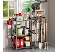 CICUFY Garden Tool Organizer Storage Metal Yard Tool Organizer Heavy Duty Garden Tool Rack Stand with 2 Extra Hooks, Up To 70 Long Handled Shovels/Rakes/Brooms Holder for Garage,Shed,Outdoor(Black)