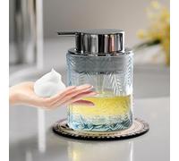 CICUFY Glass Foam Soap Dispenser for Kitchen & Bathroom - Refillable Liquid Soap Dispenser with Large Silver Pump (Leaf Pattern-Blue)