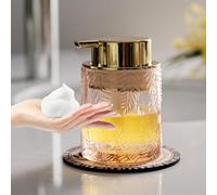 CICUFY Glass Foam Soap Dispenser for Kitchen & Bathroom - Refillable Lotion Dispenser with Large Gold Pump (Leaf Pattern-Pink)