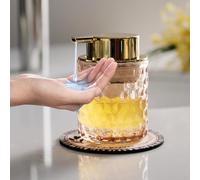 CICUFY Hand Soap Dispenser Glass, Refillable Liquid Dispenser for Bathroom & Kitchen,Lotion Dispenser with Large Gold Pump（Diamond Pattern-Pink）