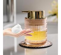 CICUFY Refillable Glass Foam Soap or Lotion Dispenser for Kitchen and Bathroom with Large Gold Pump (Striped Pattern-Pink)