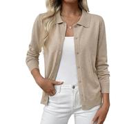 Cicy Bell Cardigan Women's Short Lightweight Long Sleeve Cardigan Thin Elegant Crew Neck Tops Casual Basic Knitted Vest Button Down Pullover, khaki, S