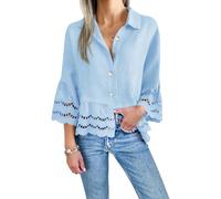 Cicy Bell Womens 3/4 Bell Sleeve Button Down Shirts Casual Ruffle Hem Tops Eyelet Blouse, Blue, XL