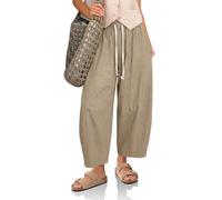 Cicy Bell Womens Baggy Barrel Pants High Waisted Wide Leg Casual Elastic Drawstring Cropped Loose Trousers with Pockets, Khaki, XXL