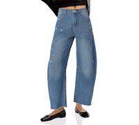 Cicy Bell Womens Barrel Jeans 2024 Fall Baggy Boyfriend Ripped Cropped Raw Hem Denim Pants, Raw Hem Blue, 14