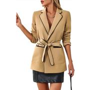 Cicy Bell Womens Belted Casual Blazer Long Sleeve Open Front Contrast Binding Suit Jackets Dressy Blouse Tops, Khaki, S