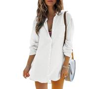 Cicy Bell Women's Blouse Long Sleeve Cotton Shirts Button Down Summer Tops Casual Loose Bikini Cover Up Bluse, White, S