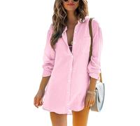 Cicy Bell Women's Blouse Long Sleeve Cotton Shirts Button Down Summer Tops Casual Loose Bikini Cover Up Bluse, Pink, M
