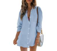 Cicy Bell Women's Blouse Long Sleeve Cotton Shirts Button Down Summer Tops Casual Loose Bikini Cover Up Bluse, Blue, XXL