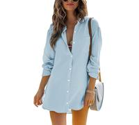 Cicy Bell Women's Blouse Long Sleeve Cotton Shirts Button Down Summer Tops Casual Loose Bikini Cover Up Bluse, lightblue, L