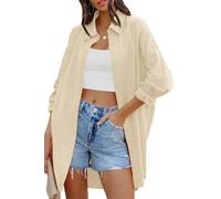 Cicy Bell Women's Blouse Oversized Long Sleeve Button Down Shirts Casual Cotton Top with Pockets, Beige, L