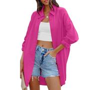 Cicy Bell Women's Blouse Oversized Long Sleeve Button Down Shirts Casual Cotton Top with Pockets, Pink, L