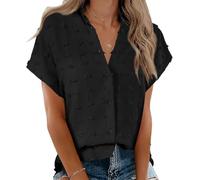 Cicy Bell Women's Blouses Short Sleeve Shirts with V-Neck Summer Button Down Tops Casual Plain Bluse, Black, M
