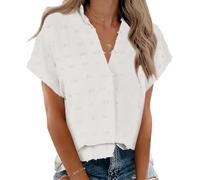 Cicy Bell Women's Blouses Short Sleeve Shirts with V-Neck Summer Button Down Tops Casual Plain Bluse, White, XL