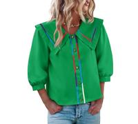 Cicy Bell Womens Button Down Shirts Trendy Casual 3/4 Lantern Sleeve Blouse Square Neck Collared Tops, Green, L