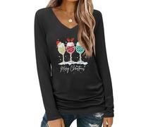 Cicy Bell Women's Christmas Shirts Long Sleeve V Neck Xmas Tree Tees Casual Basic Merry Christmas Holiday Tops Black S