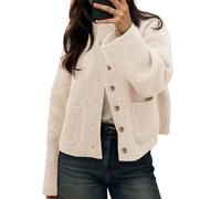 Cicy Bell Womens Chunky Knit Cardigan Sweaters Button Down Mock Neck Open Front Jacket Winter Casual Outerwear with Pockets, Beige, M
