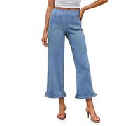 Cicy Bell Womens Cropped High Waisted Jeans Baggy Wide Leg Stretchy Capris Ruffle Flare Denim Pants with Pockets, Blue, 6