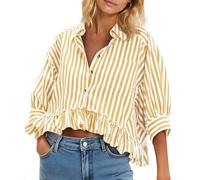 Cicy Bell Womens Cropped Striped Button Down Shirts Ruffle 3/4 Length Sleeve Summer Tops Dressy Casual Blouses, Yellow, L