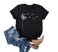 Cicy Bell Women's Dandelion Print T Shirts Cute Graphic Short Sleeve Shirt Crew Neck Cotton Tees Summer Tops Black L