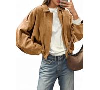 Cicy Bell Womens Faux Suede Bomber Jackets Oversized Cropped Zip Up Lapel Coats Fall Casual Outerwears, Brown, S