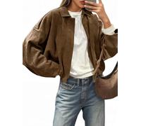 Cicy Bell Womens Faux Suede Bomber Jackets Oversized Cropped Zip Up Lapel Coats Fall Casual Outerwears, Coffee, M
