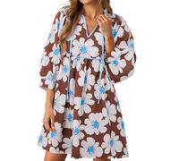 Cicy Bell Womens Floral Mini Dresses 3/4 Balloon Sleeve V Neck Flowy Babydoll Dress Summer Beach Vacation Boho Outfits, Brown, XXL