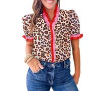 Cicy Bell Womens Floral Puff Short Sleeve Tops Summer Casual Ruffle V Neck Button Down Shirts Patchwork Boho Blouses, Leopard Print, S