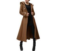 Cicy Bell Womens Long Double-Breasted Hooded Coat Winter Warm Wool Trench Coat with Belts, Brown, Small
