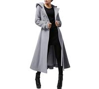 Cicy Bell Womens Long Double-Breasted Hooded Coat Winter Warm Wool Trench Coat with Belts, Grey, XXL