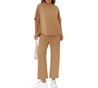 Cicy Bell Women's Lounge Set 3/4 Batwing Sleeve Capelet Crew Neck Pullover Wide Top Leg Pants Two Piece Outfits,Light Brown,XXL