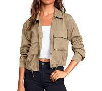 Cicy Bell Women's Military Safari Cropped Jackets Button Down Lightweight Oversized Utility Anorak Coat with Pockets,camel-coloured,XXL