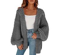 Cicy Bell Women's Open Front Chunky Knit Cardigan Loose Lantern Sleeve Oversized Sweater Coats, Grey, L