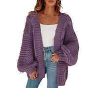 Cicy Bell Women's Open Front Chunky Knit Cardigan Loose Lantern Sleeve Oversized Sweater Coats, Purple, Small