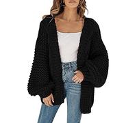 Cicy Bell Women's Open Front Chunky Knit Cardigans Loose Lantern Sleeve Oversized Sweater Coats Black S