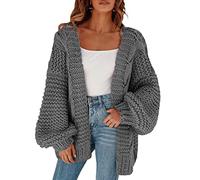 Cicy Bell Women's Open Front Chunky Knit Cardigans Loose Lantern Sleeve Oversized Sweater Coats Grey L