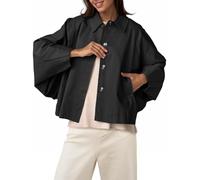 Cicy Bell Womens Oversized Cropped Trench Coats Batwing Sleeve Trendy Casual Jackets Button Up Outerwear, Black, S