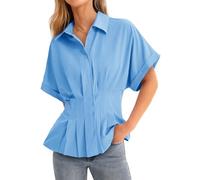 Cicy Bell Womens Peplum Button Down Blouse Summer Dressy Fitted Waist Shirt, Blue, L